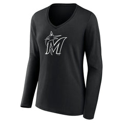 Miami Marlins Women's Monochrome Personalized Name & Number Long Sleeve V-Neck T-Shirt - Black