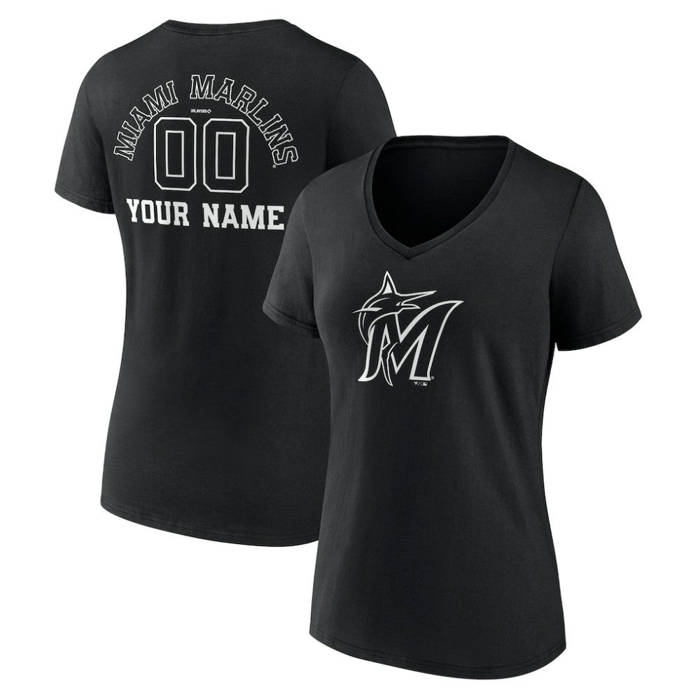 Miami Marlins Women's Monochrome Personalized Name & Number V-Neck T-Shirt - Black