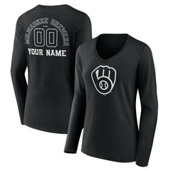 Milwaukee Brewers Women's Monochrome Personalized Name & Number Long Sleeve V-Neck T-Shirt - Black
