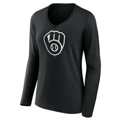 Milwaukee Brewers Women's Monochrome Personalized Name & Number Long Sleeve V-Neck T-Shirt - Black