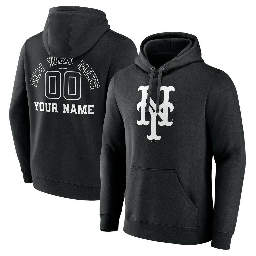 New York Mets Monochrome Personalized Name & Number Pullover Hoodie - Black