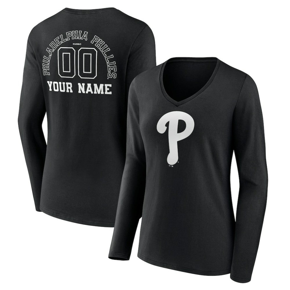 Philadelphia Phillies Women's Monochrome Personalized Name & Number Long Sleeve V-Neck T-Shirt - Black