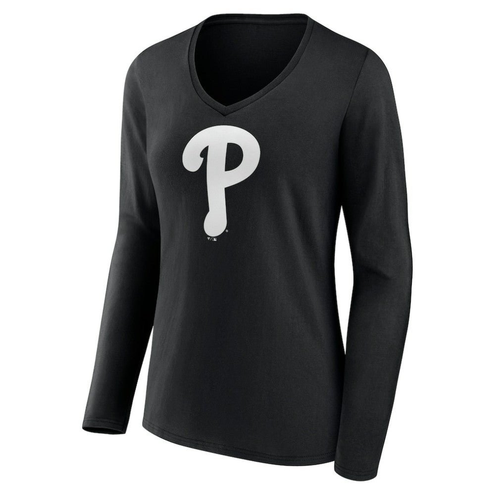 Philadelphia Phillies Women's Monochrome Personalized Name & Number Long Sleeve V-Neck T-Shirt - Black