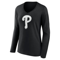 Philadelphia Phillies Women's Monochrome Personalized Name & Number Long Sleeve V-Neck T-Shirt - Black