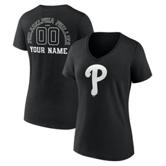 Philadelphia Phillies Women's Monochrome Personalized Name & Number V-Neck T-Shirt - Black