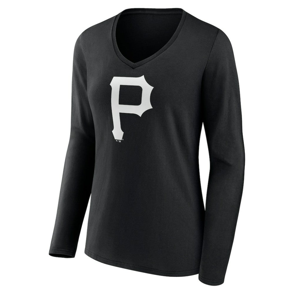 Pittsburgh Pirates Women's Monochrome Personalized Name & Number Long Sleeve V-Neck T-Shirt - Black