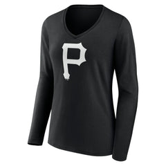 Pittsburgh Pirates Women's Monochrome Personalized Name & Number Long Sleeve V-Neck T-Shirt - Black