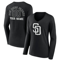 San Diego Padres Women's Monochrome Personalized Name & Number Long Sleeve V-Neck T-Shirt - Black