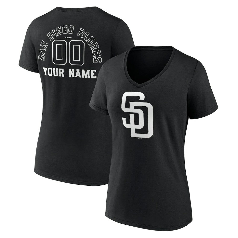 San Diego Padres Women's Monochrome Personalized Name & Number V-Neck T-Shirt - Black