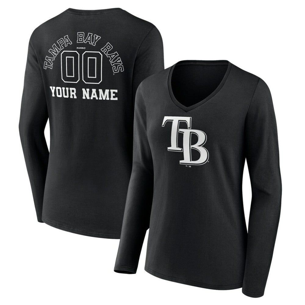 Tampa Bay Rays Women's Monochrome Personalized Name & Number Long Sleeve V-Neck T-Shirt - Black