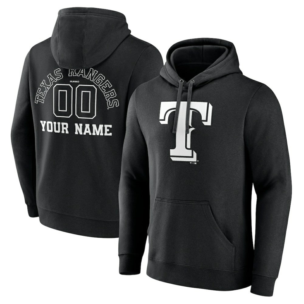 Texas Rangers Monochrome Personalized Name & Number Pullover Hoodie - Black