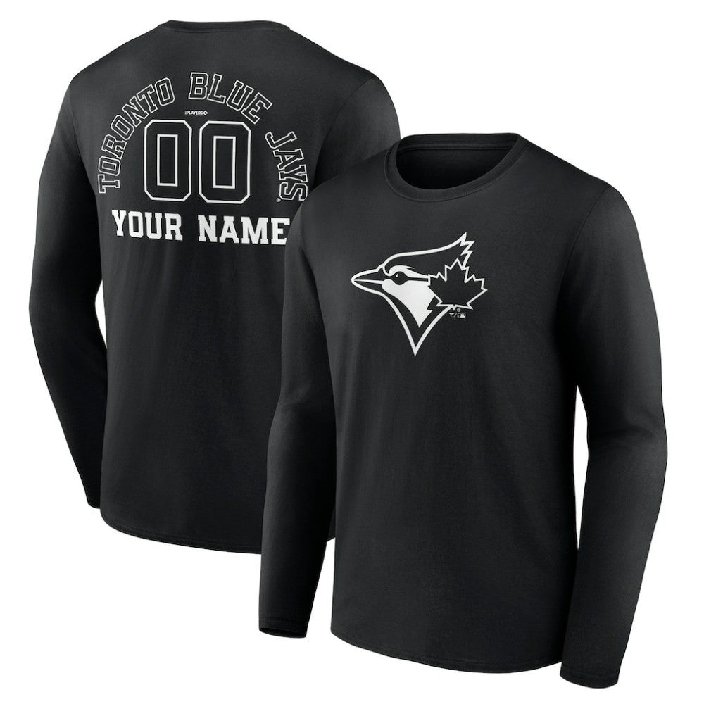 Toronto Blue Jays Monochrome Personalized Name & Number Long Sleeve T-Shirt - Black