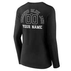 Toronto Blue Jays Women's Monochrome Personalized Name & Number Long Sleeve V-Neck T-Shirt - Black