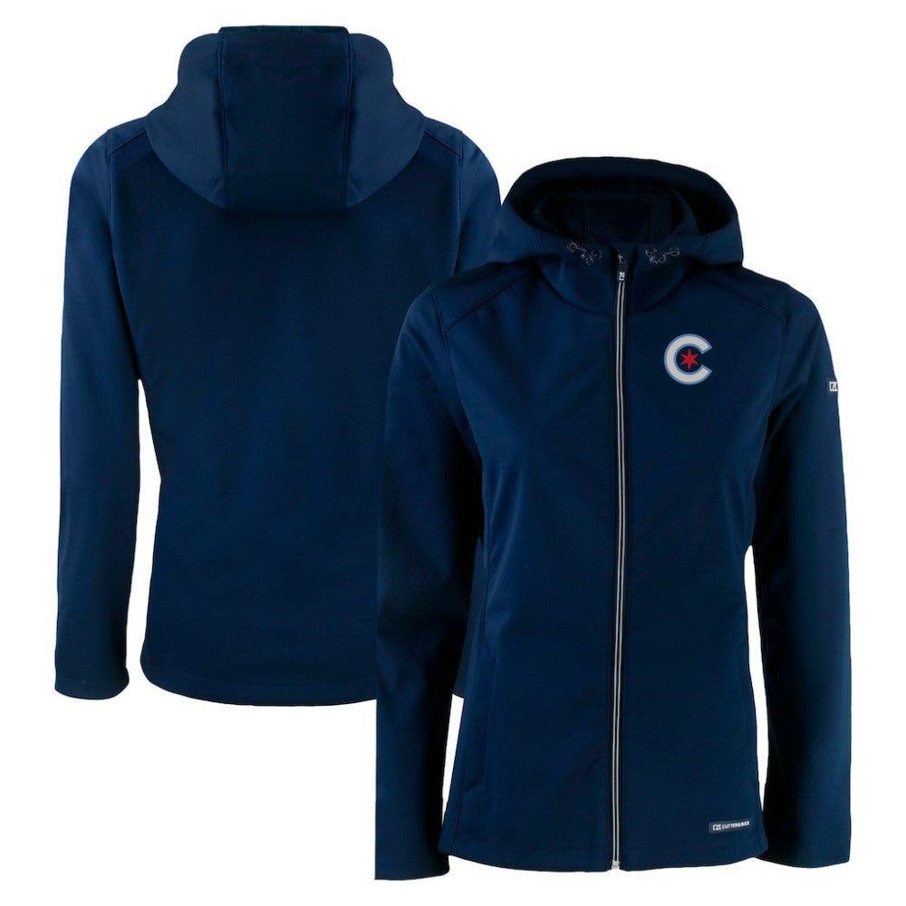 Chicago Cubs Cutter & Buck Women's City Connect Evoke Eco Softshell Recycled Full-Zip Hoodie Jacket - Navy