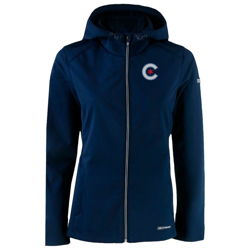 Chicago Cubs Cutter & Buck Women's City Connect Evoke Eco Softshell Recycled Full-Zip Hoodie Jacket - Navy