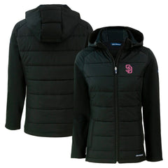 San Diego Padres Cutter & Buck Women's City Connect Evoke Hybrid Eco Softshell Recycled Full-Zip Hoodie Jacket - Black