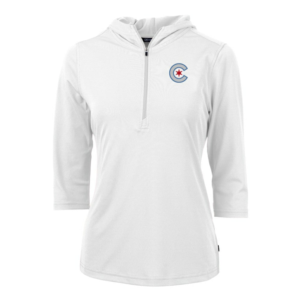 Chicago Cubs Cutter & Buck Women's City Connect Virtue Eco Pique Recycled Half-Zip Pullover Hoodie - White