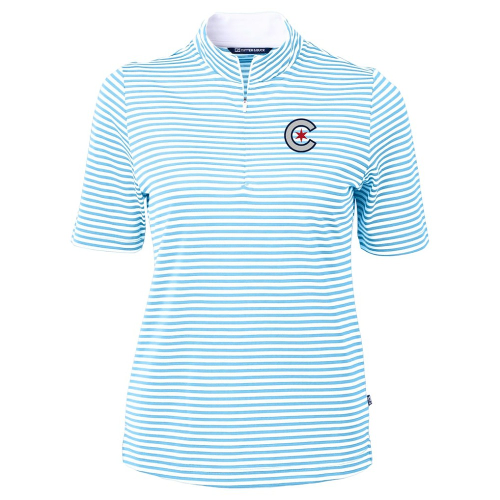 Chicago Cubs Cutter & Buck Women's City Connect Virtue Eco Pique Stripe Recycled Top - Powder Blue