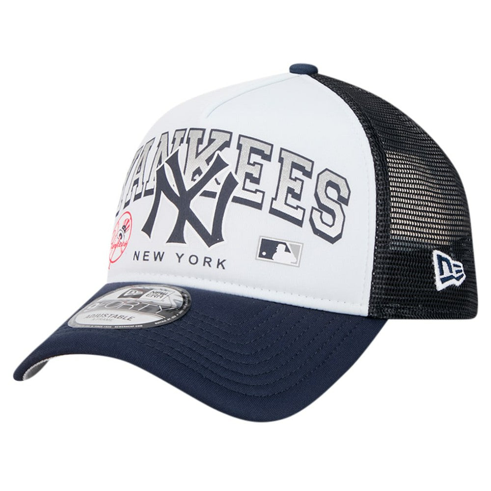 New York Yankees Retro Wordmark 9FORTY A-Frame Trucker Adjustable Hat - White | New Era