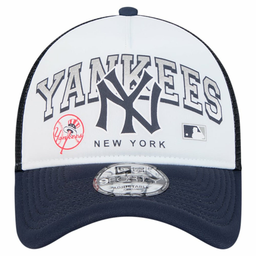 New York Yankees Retro Wordmark 9FORTY A-Frame Trucker Adjustable Hat - White | New Era