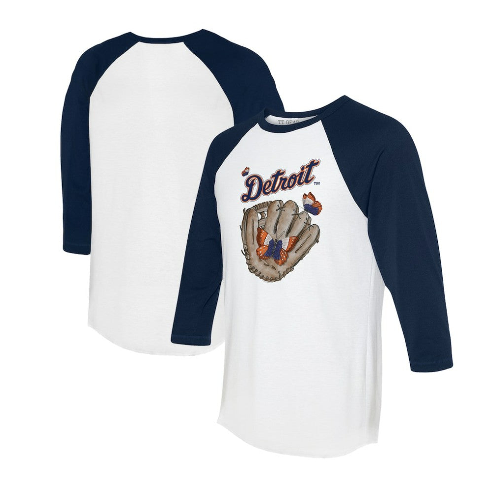 Detroit Tigers Tiny Turnip Unisex Butterfly Glove 3/4-Sleeve Raglan T-Shirt - White/Navy