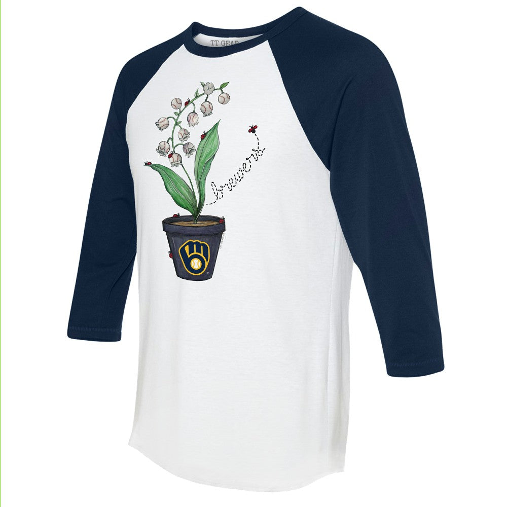 Milwaukee Brewers Tiny Turnip Unisex Lilies & Ladybugs 3/4-Sleeve Raglan T-Shirt - White/Navy
