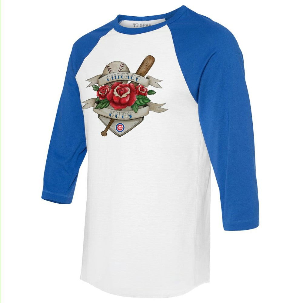Chicago Cubs Tiny Turnip Unisex Tattoo Rose 3/4-Sleeve Raglan T-Shirt - White/Royal