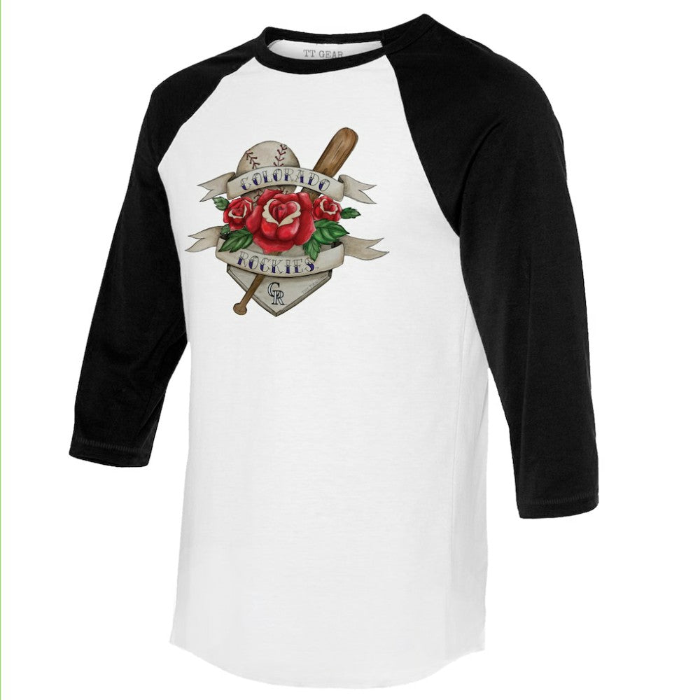 Colorado Rockies Tiny Turnip Unisex Tattoo Rose 3/4-Sleeve Raglan T-Shirt - White/Black
