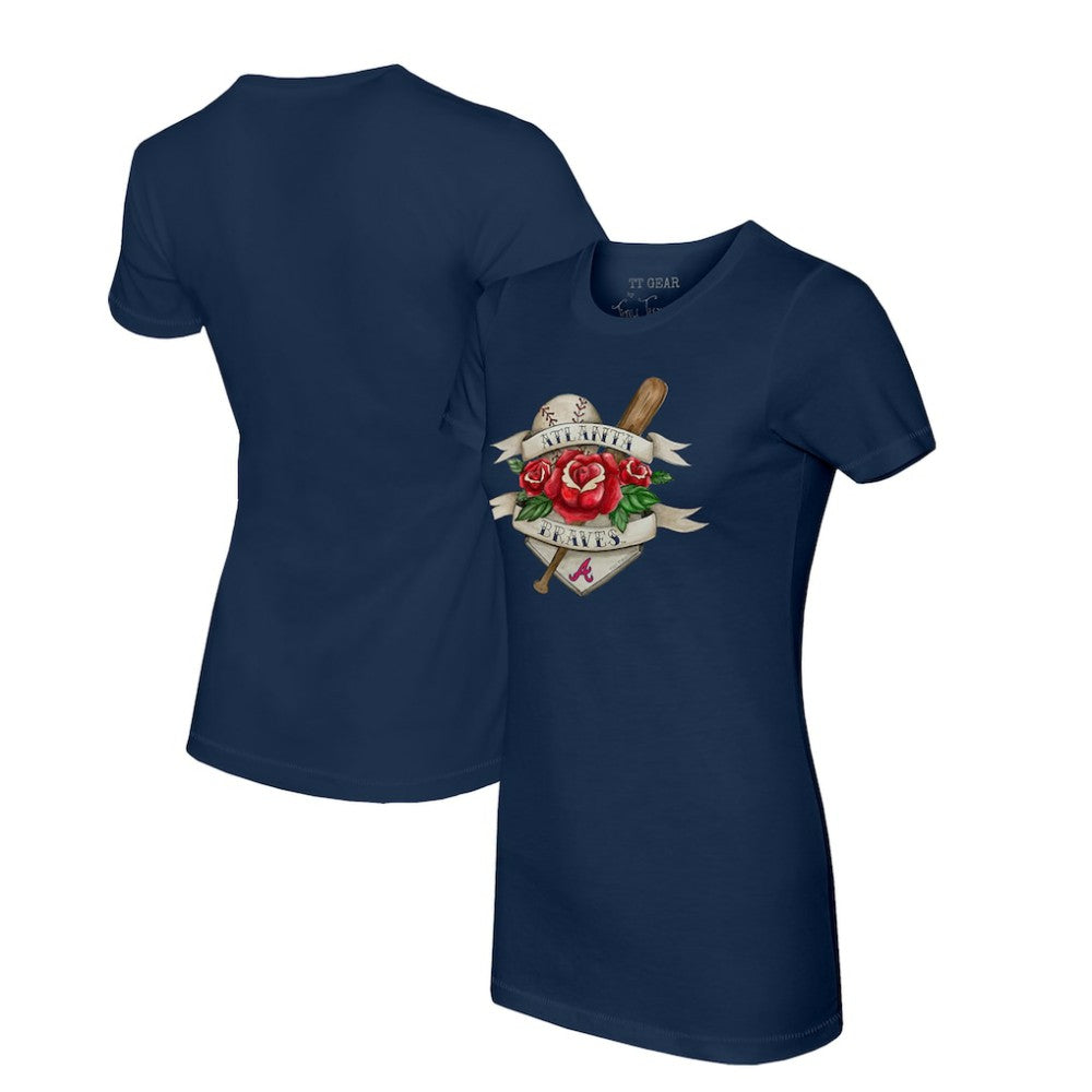 Atlanta Braves Tiny Turnip Women's Tattoo Rose T-Shirt - Navy
