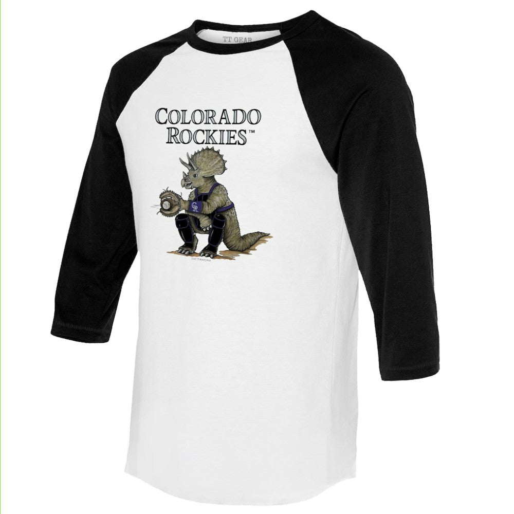Colorado Rockies Tiny Turnip Unisex Triceratops 3/4-Sleeve Raglan T-Shirt - White/Black