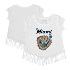 Miami Marlins Tiny Turnip Girls Youth Butterfly Glove Fringe T-Shirt - White