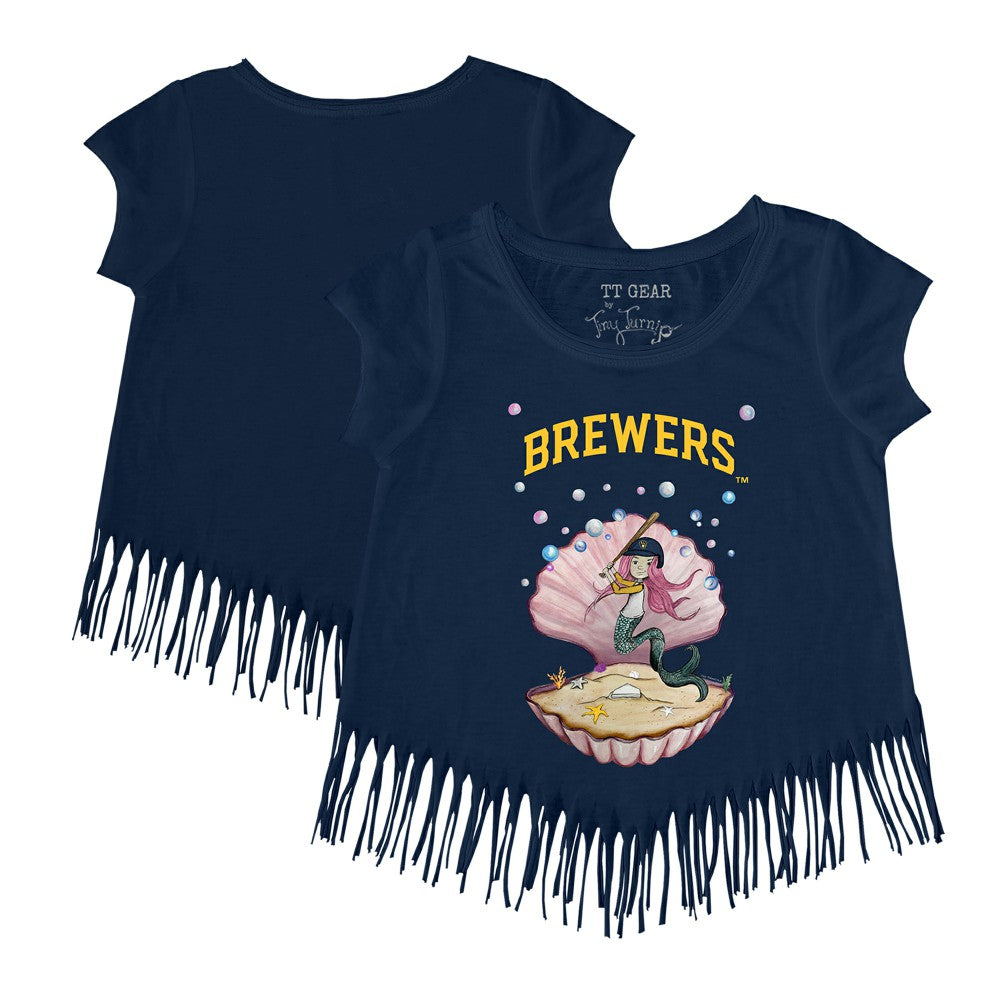 Milwaukee Brewers Tiny Turnip Girls Youth Mermaid Fringe T-Shirt - Navy