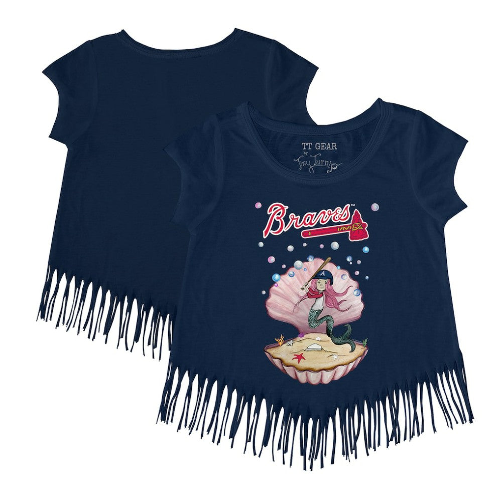 Atlanta Braves Tiny Turnip Girls Youth Mermaid Fringe T-Shirt - Navy