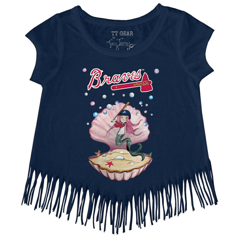 Atlanta Braves Tiny Turnip Girls Youth Mermaid Fringe T-Shirt - Navy