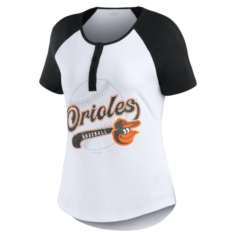 Baltimore Orioles WEAR by Erin Andrews Women's Fitted Henley Raglan T-Shirt - White/Black
