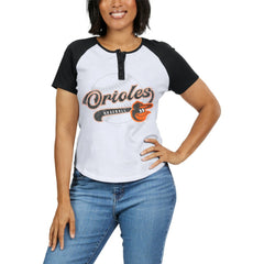 Baltimore Orioles WEAR by Erin Andrews Women's Fitted Henley Raglan T-Shirt - White/Black