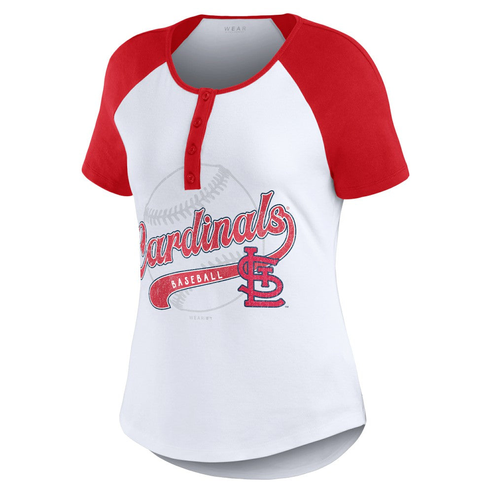 St. Louis Cardinals WEAR by Erin Andrews Women's Fitted Henley Raglan T-Shirt - White/Red
