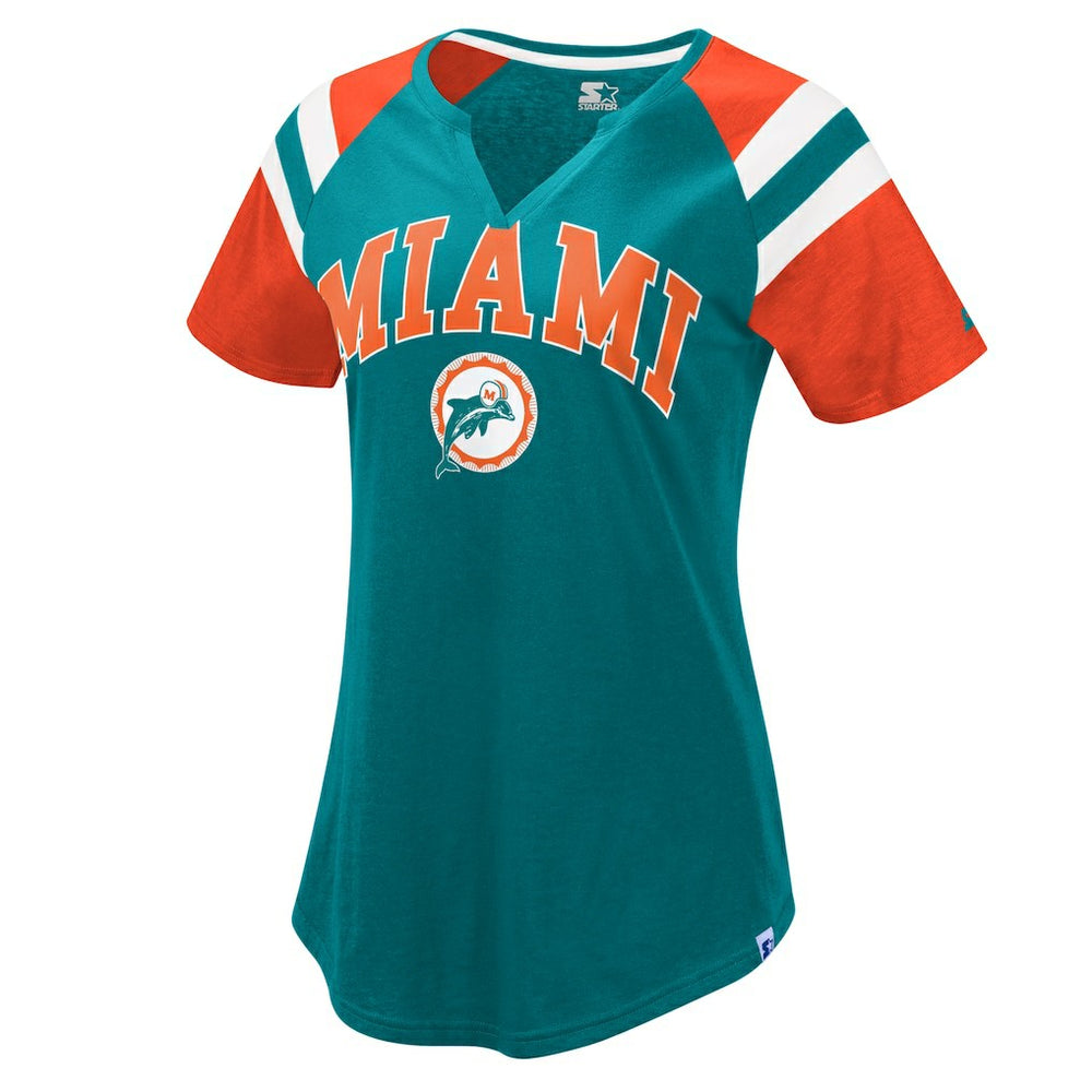 Miami Dolphins Starter Women's Game On Notch Neck Raglan T-Shirt - Aqua/Orange outlet