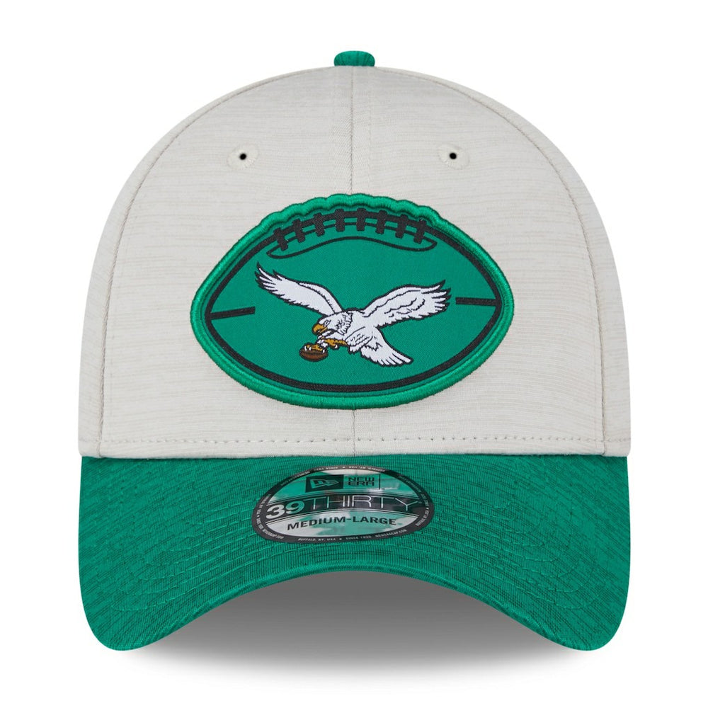 Philadelphia Eagles New Era 2024 Sideline Historic 39THIRTY Flex Hat - Stone/Midnight Green cheap