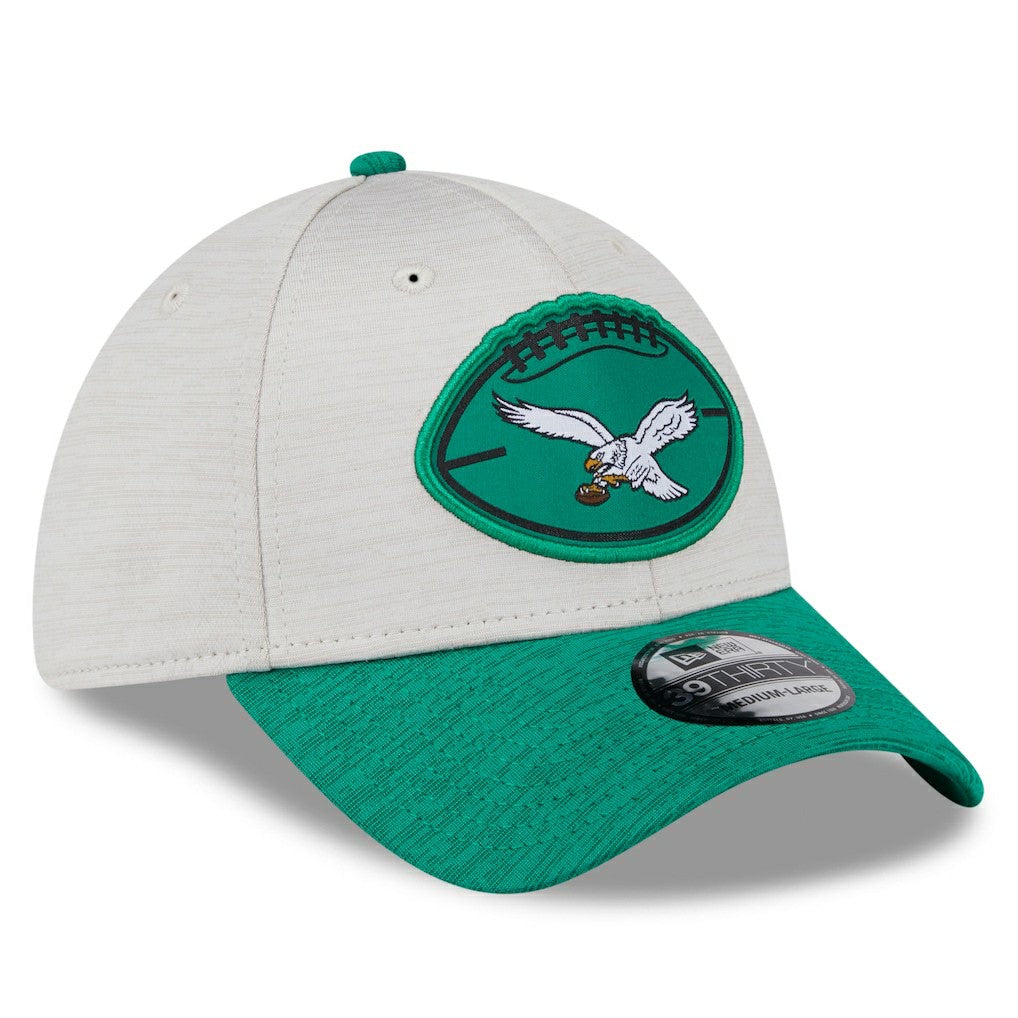 Philadelphia Eagles New Era 2024 Sideline Historic 39THIRTY Flex Hat - Stone/Midnight Green cheap