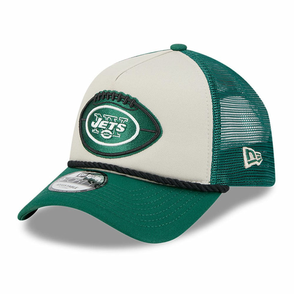 New York Jets New Era 2024 Sideline Historic 9FORTY A-Frame Trucker Adjustable Hat - Stone/Green online