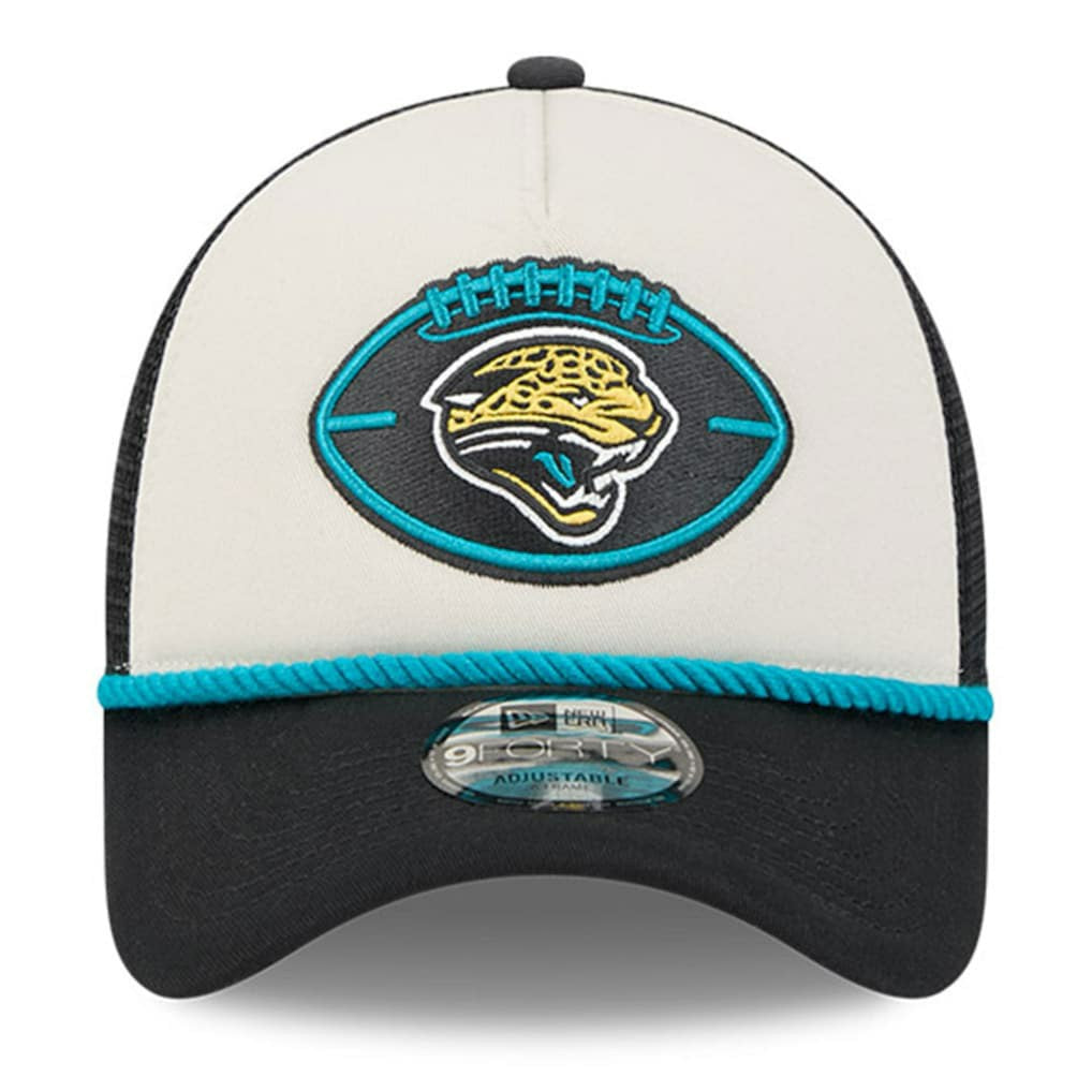 Jacksonville Jaguars New Era 2024 Sideline Historic 9FORTY A-Frame Trucker Adjustable Hat - Stone/Black outlet