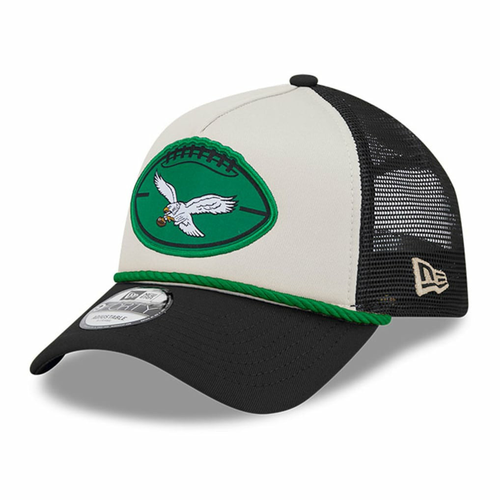 Philadelphia Eagles New Era 2024 Sideline Historic 9FORTY A-Frame Trucker Adjustable Hat - Stone/Black sale