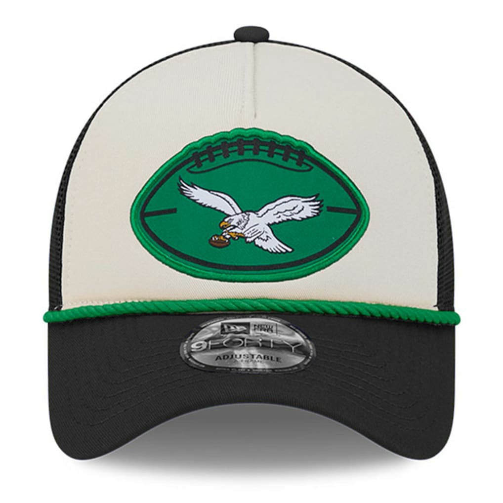 Philadelphia Eagles New Era 2024 Sideline Historic 9FORTY A-Frame Trucker Adjustable Hat - Stone/Black sale