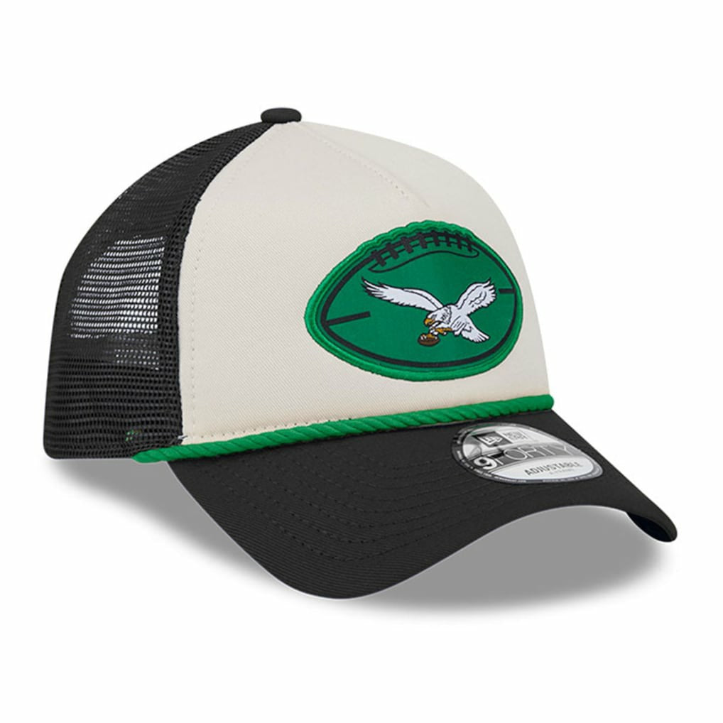 Philadelphia Eagles New Era 2024 Sideline Historic 9FORTY A-Frame Trucker Adjustable Hat - Stone/Black sale