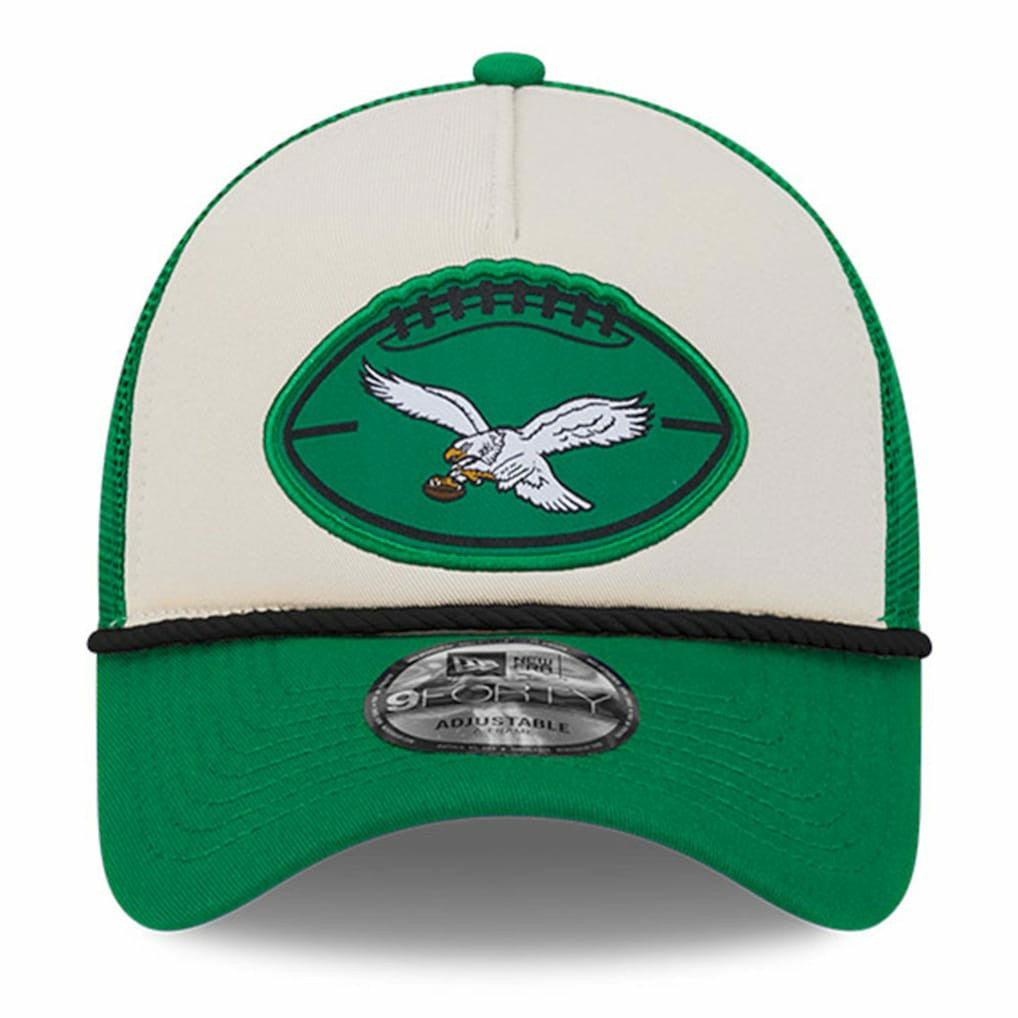 Philadelphia Eagles New Era 2024 Sideline Historic 9FORTY A-Frame Trucker Adjustable Hat - Stone/Kelly Green on sale