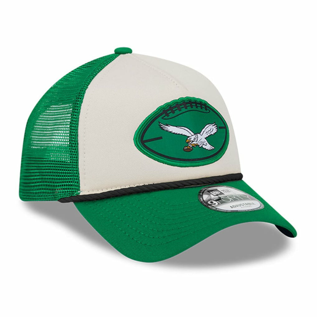Philadelphia Eagles New Era 2024 Sideline Historic 9FORTY A-Frame Trucker Adjustable Hat - Stone/Kelly Green on sale