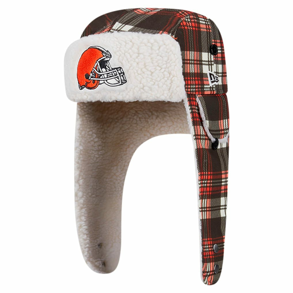 Cleveland Browns New Era Sideline Plaid Sherpa Trapper Hat - Brown for sale