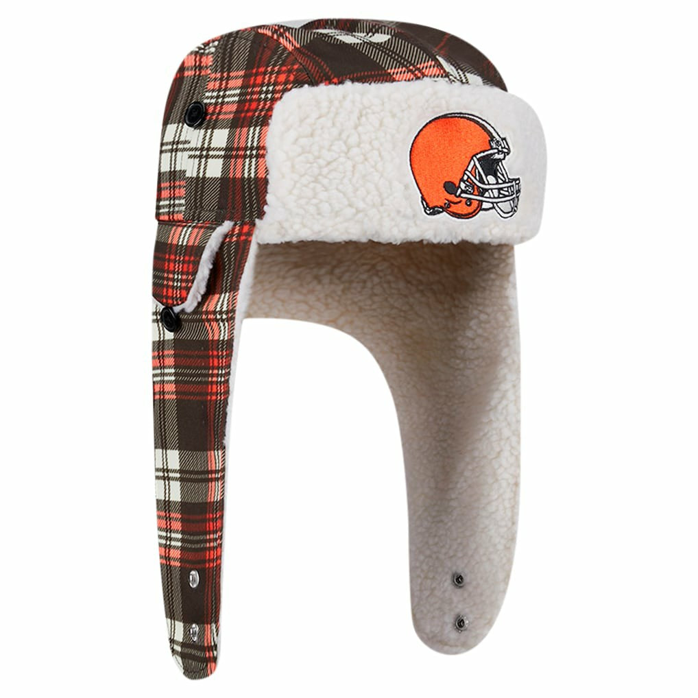Cleveland Browns New Era Sideline Plaid Sherpa Trapper Hat - Brown for sale