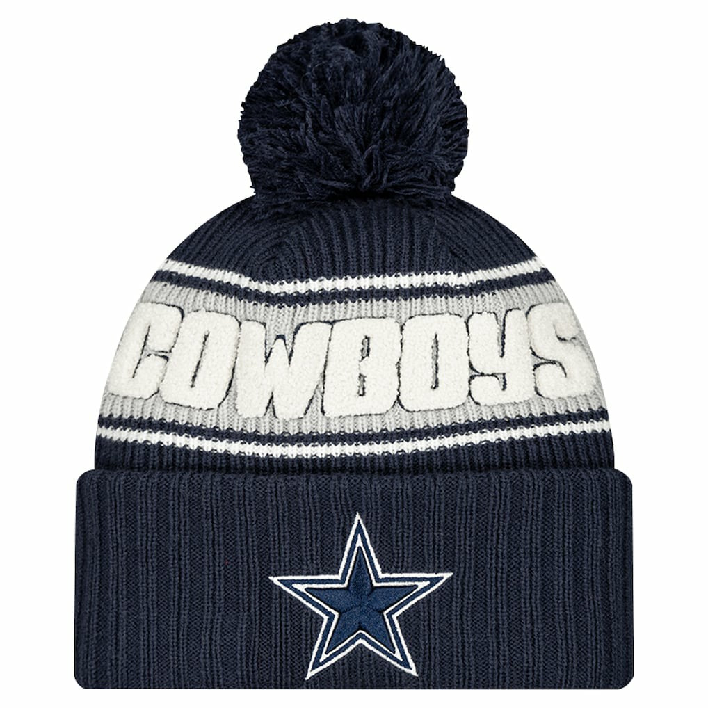 Dallas Cowboys New Era Youth 2024/25 Sideline Cuffed Knit Hat with Pom - Navy for sale